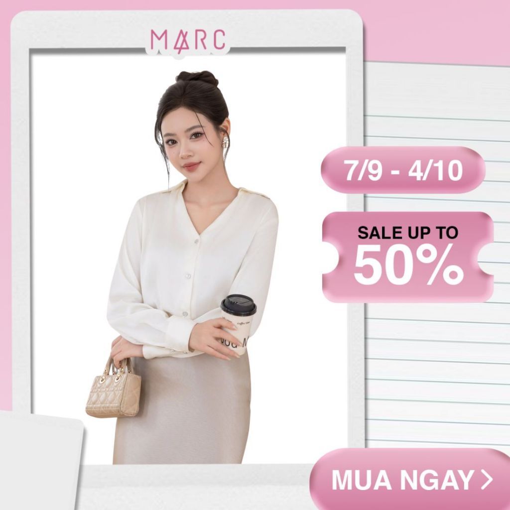 MARC - Áo sơ mi lụa công sở cổ V nhún, áo sơ mi lụa cổ V đi làm - CBAK042615