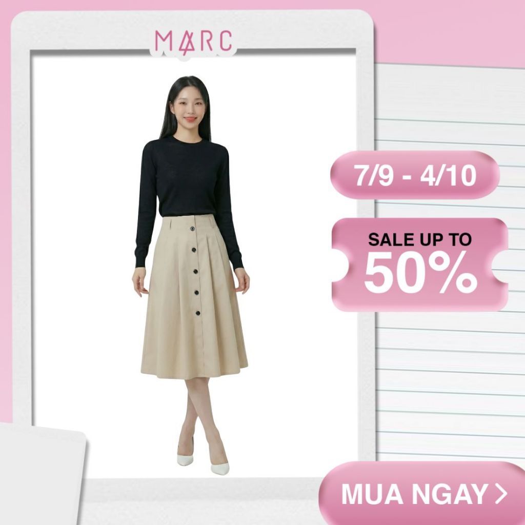 MARC FASHION Chân váy midi kaki xếp ly xòe CBVD022645