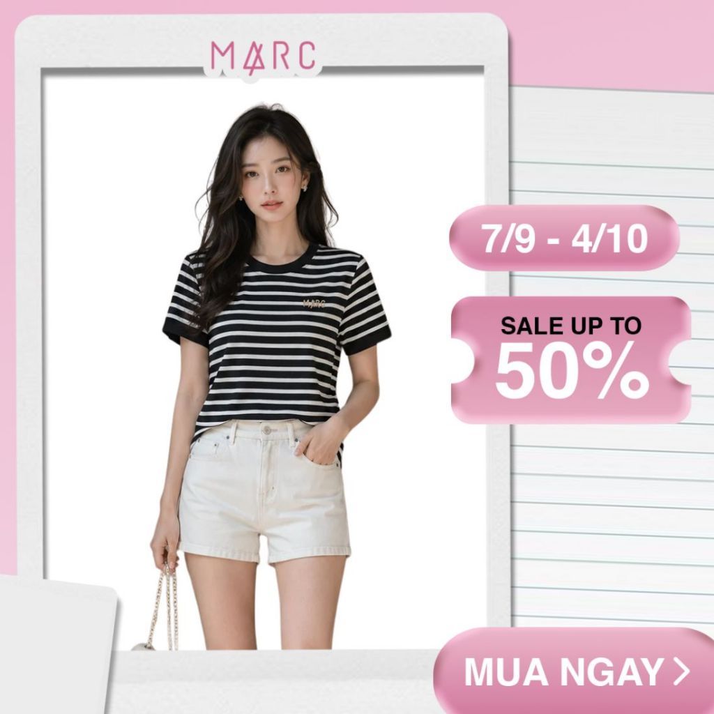 MARC FASHION_Áo thun sọc ngang thêu logo_CBAT052605