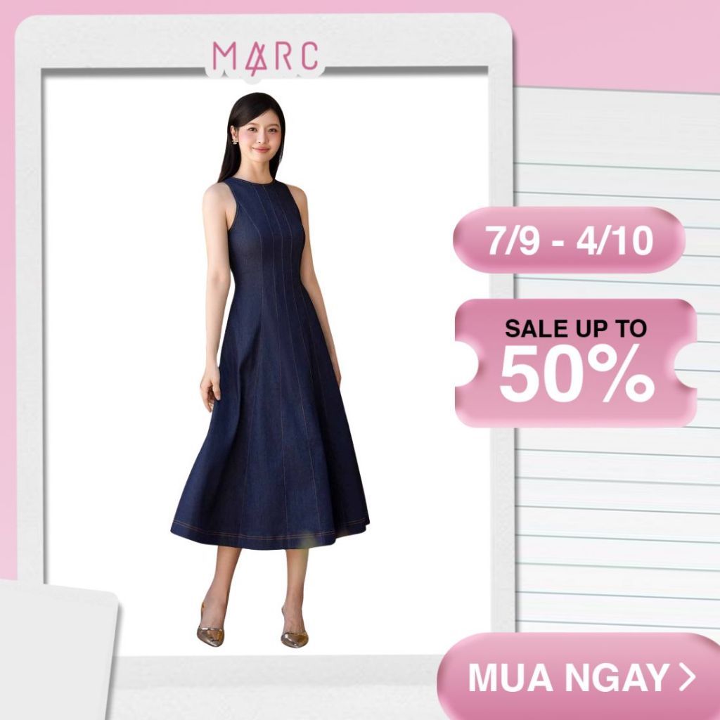 MARC FASHION Đầm Midi Jean Cổ Tròn Sát Nách - CBDD022601
