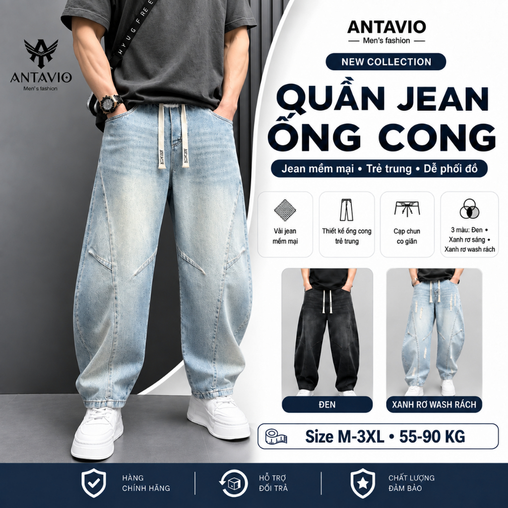 Quần Jean Nam Ống Cong Cạp Chun ANTAVIO, Quần Bò Nam Phối Triết Ly Trẻ Trung Size M–3XL 55–90KG QJC545