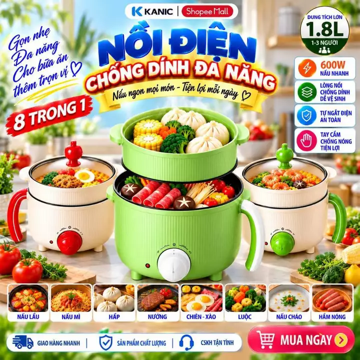 [SSS] Nồi lẩu điện mini nấu mì 2 tầng KANIC kèm giá hấp đa năng, nướng, luộc, chiên, chống dính vấn đá tiện lợi
