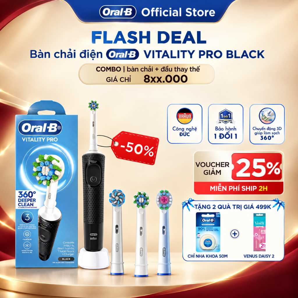 [HỎA TỐC 2H-4H] [MUA 1 TẶNG 2] Mua 1 Bàn Chải Điện ORAL-B VITALITY Pro Đen TẶNG Set 2 Đầu Bàn Chải