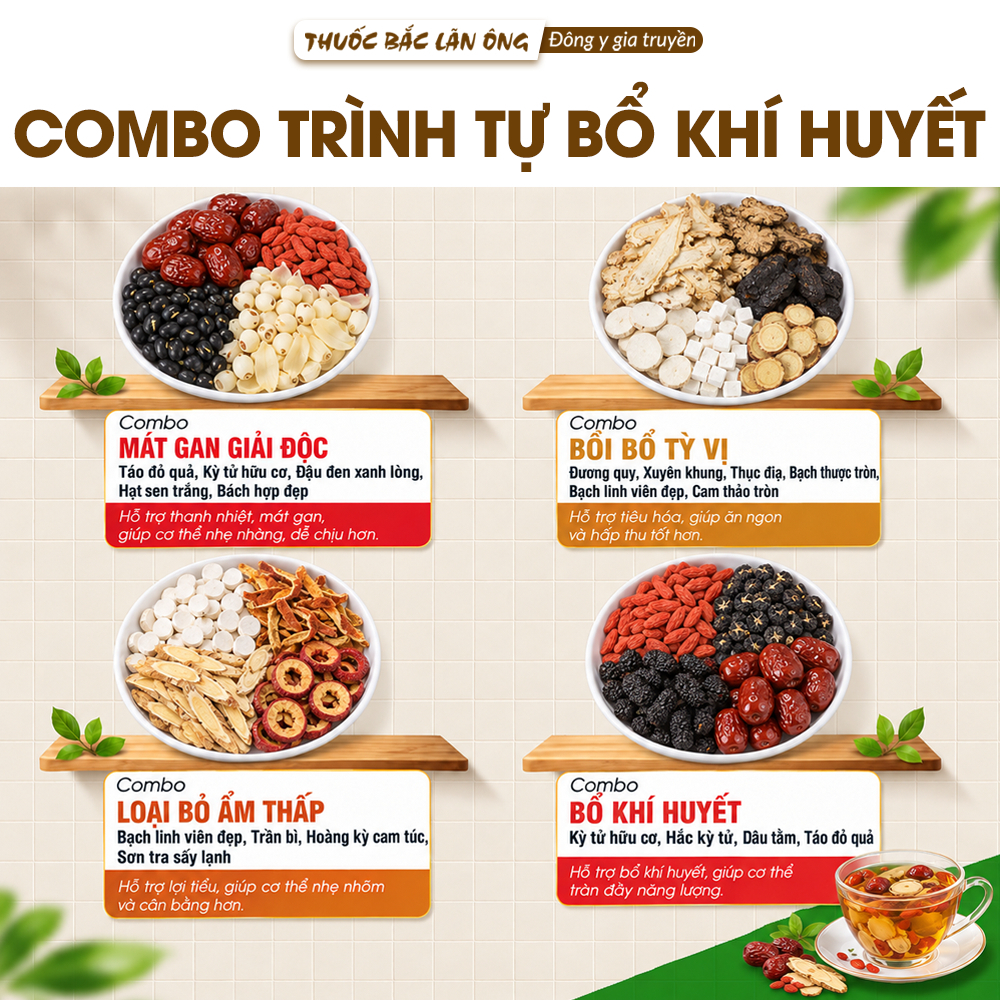 Combo Thảo Mộc Trình Tự Bổ Khí Huyết, Giảm Mệt Mỏi, Trệ Khí, Tái Tạo Năng Lượng, Phục Hồi Thể Trạng