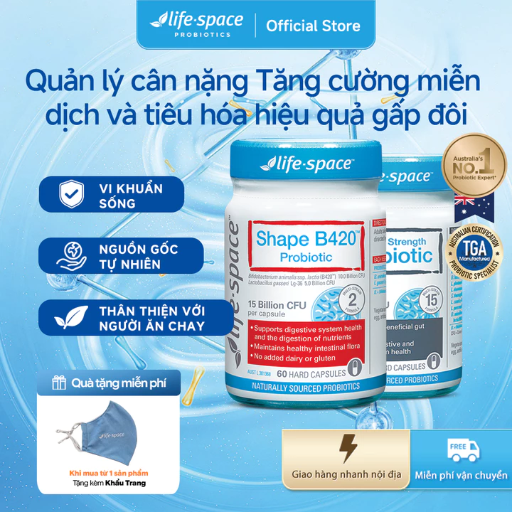 Combo Men vi sinh Life-Space Shape B420 60 viên và Double Strength Probiotic 30 viên Prebiotic