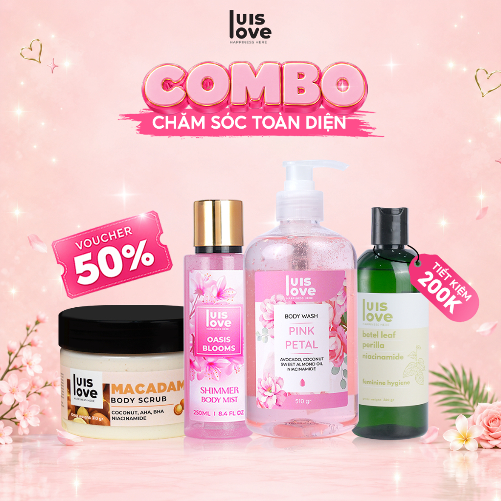 Combo chăm sóc cơ thể LuisLove Sữa Tắm, Bodymist, Tẩy Da Chết Body Dưỡng Trắng, Mịn Da body