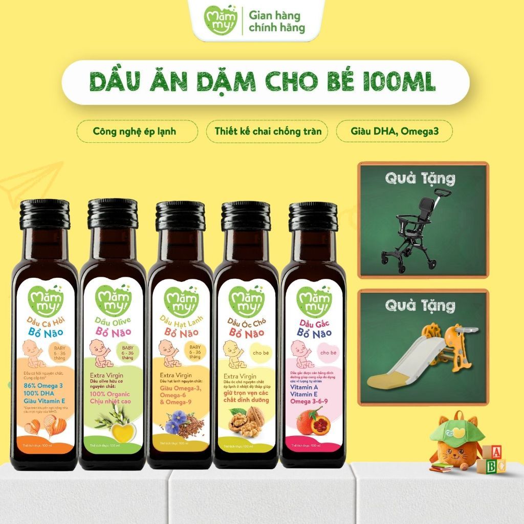 Combo 5 Dầu Ăn Dặm Mămmy Cá hồi, Olive, Hạt lanh, Óc chó, Gấc đỏ bổ sung DHA, Omega3,6,9 cho bé từ 6 tháng