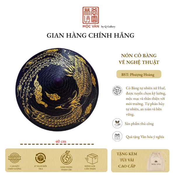 Nón Cỏ Bàng Mộc Vân - Đan thủ công Vẽ Tay họa tiết chim Phượng Hoàng
