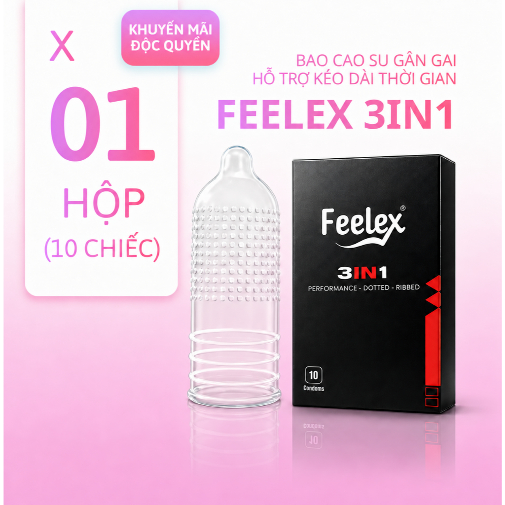 Bao cao su 3 in 1 gân gai kéo dài thời gian Feelex siêu mỏng nhiều gel giảm ma sát, tạo cảm giác mới lạ hộp 10 chiếc