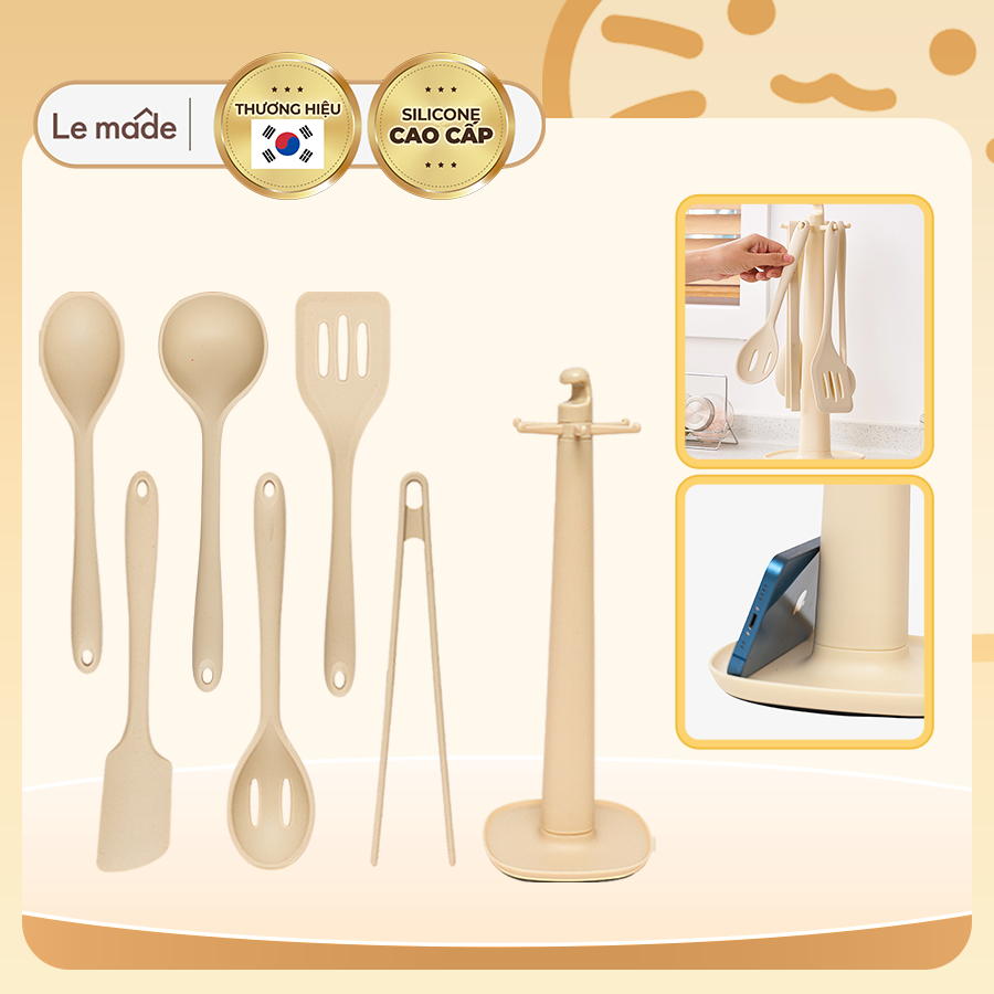 Bộ 6 Dụng Cụ Silicone Nấu Đồ Ăn Dặm Cho Bé Le Made Chịu Nhiệt Cao (Kèm Giá Treo Xoay 360 Độ)