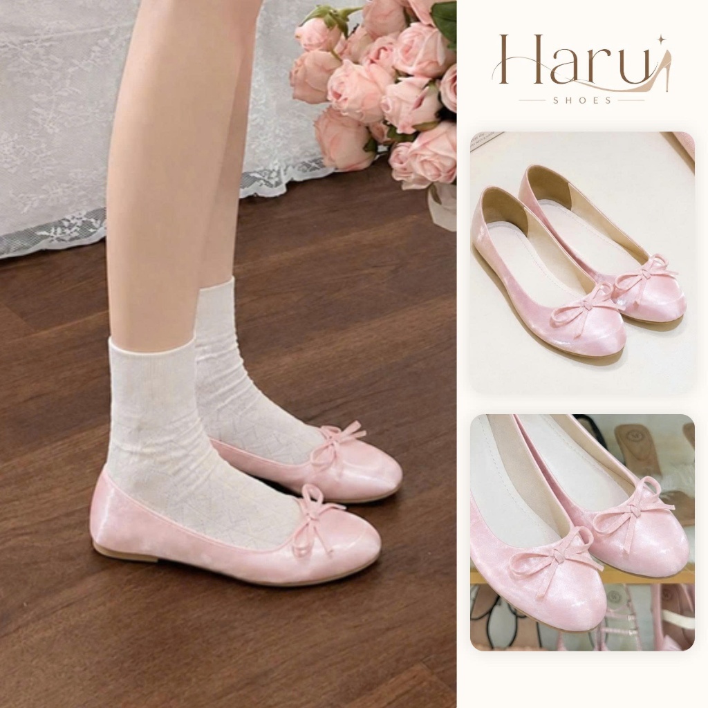 Giày búp bê nữ đế bệt, giày marryjane nữ mũi tròn êm chân màu hồng phối nơ tiểu thư thanh lịch size 35-39 Haru Shoes