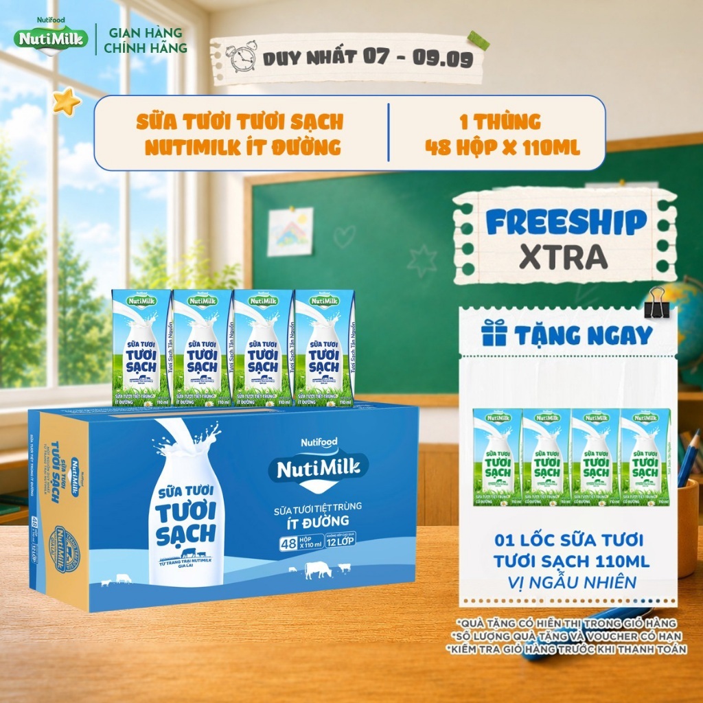 Thùng 48 Hộp Sữa Tươi Tươi Sạch NutiMilk 110ml/hộp Ít Đường