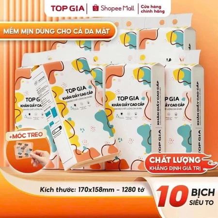 [LOẠI TO ĐẶC BIỆT] Thùng 10 bịch khăn giấy rút Top Gia treo tường đa sắc 1280 tờ, siêu dai và mềm mịn