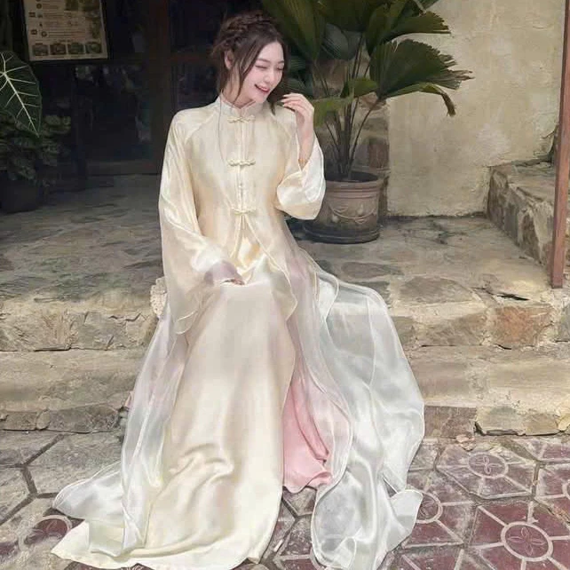Set Áo Dài Tứ Thân Dáng Xuông Phối Choàng Tơ Cách Điệu sang trọng đủ màu - Việt Store AD 54