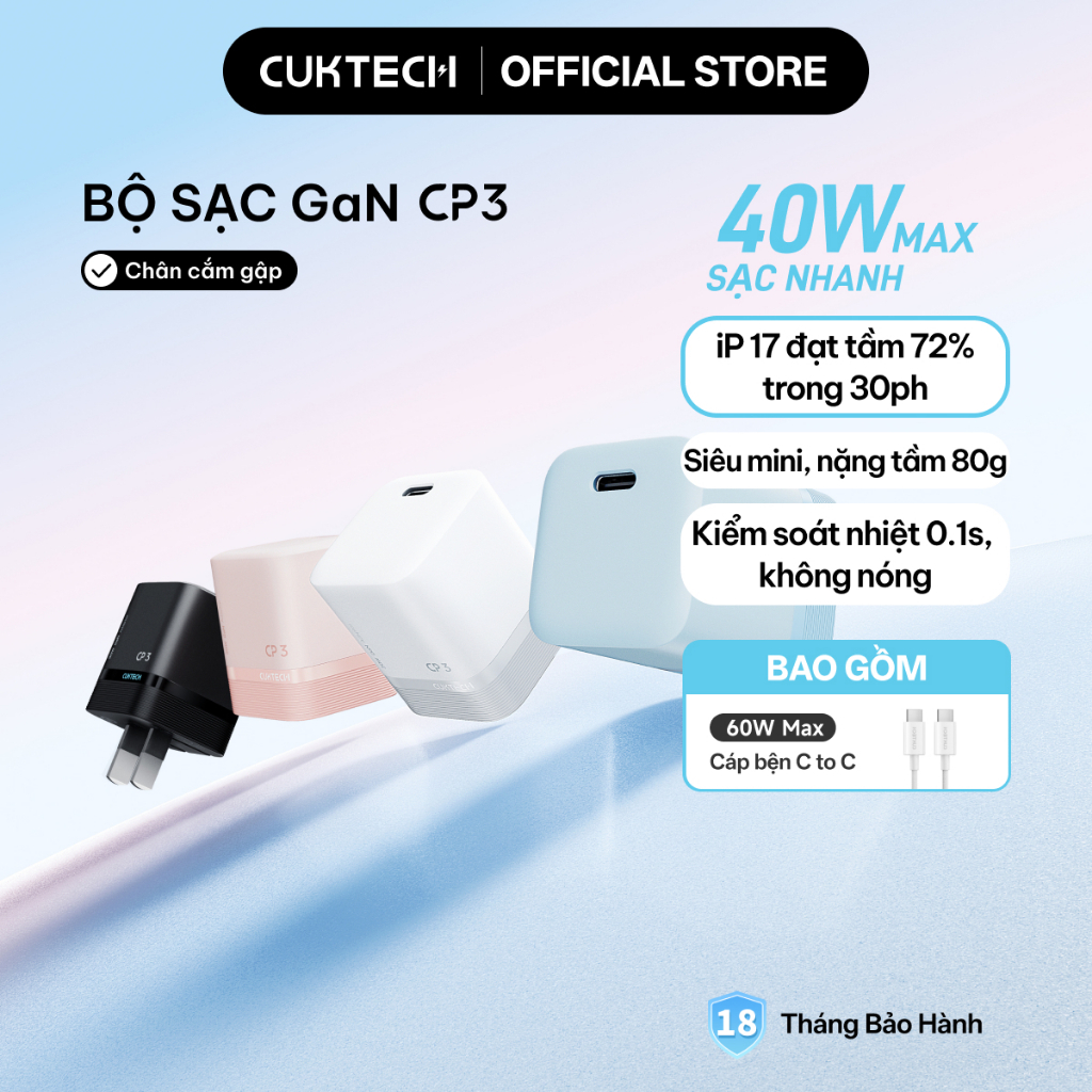 Củ Sạc Nhanh CUKTECH GaN 40W Siêu Nhỏ Gọn Chân Gập Không Nóng Máy Cho iP 18/17/16/iPad Air/Samsung S26