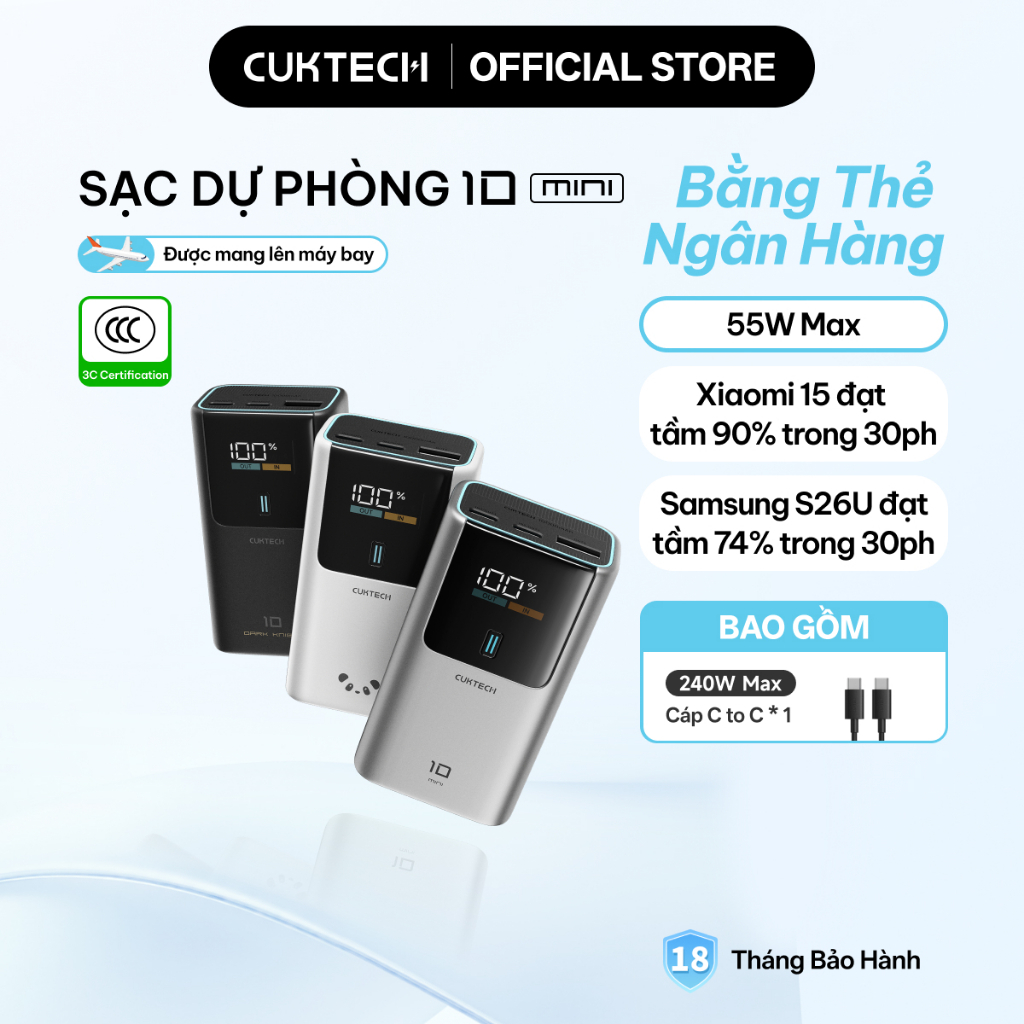 【Được chứng nhận CCC】CUKTECH Mini 55W Sạc Nhanh 10000mAh Pin Sạc Dự Phòng Xiaomi 55W Max Samsung 45W iP16/15/14