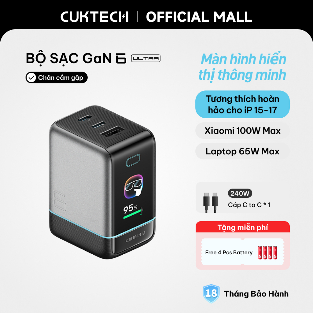 Củ Sạc Nhanh CUKTECH GaN 100W Màn Hình Hiển Thị 3 Cổng Type-C Sạc Laptop 65W Tương Thích iP 17 Pro Max/MacBook/Xiaomi | BigBuy360 - bigbuy360.vn