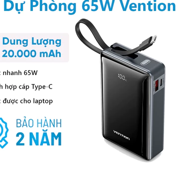 Sạc Dự Phòng 65W Vention 20000mAh, Hỗ Trợ Sạc Nhanh PD, Tích Hợp Cáp Sạc Type-C, Màn Hình LED