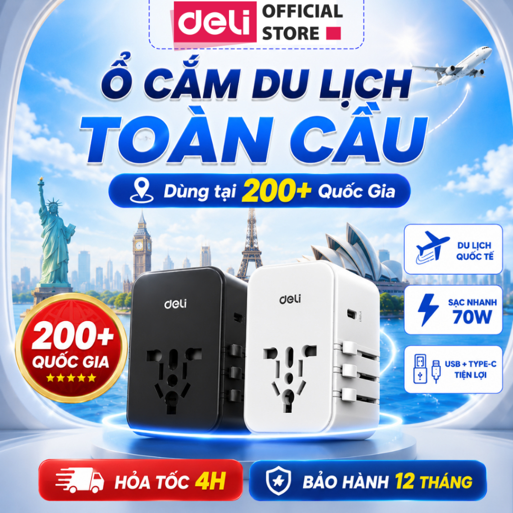 Ổ Cắm Chuyển Đổi Du Lịch Deli Sạc Nhanh 70W Củ Sạc Đa Năng 4 Loại Chân Cắm Tích Hợp USB TypeC