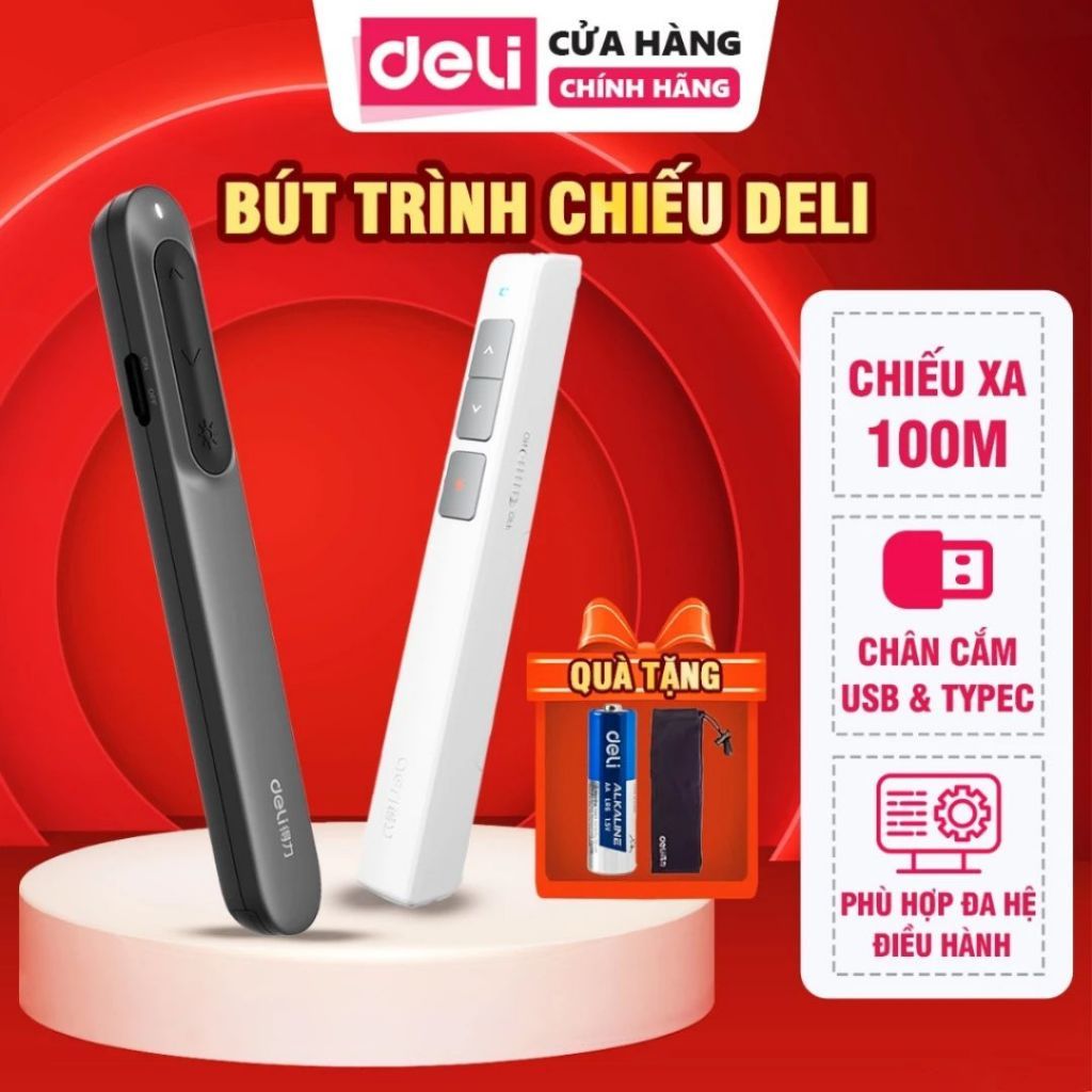 Bút Trình Chiếu DELI Bút Thuyết Trình Powerpoint Laser MA100 Điều Khiển Từ Xa 100M Kết Nối USB TypeC