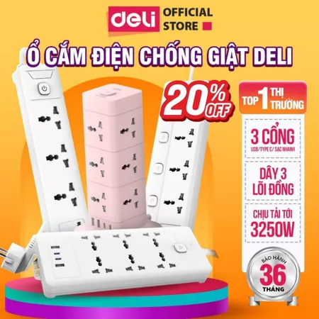 [HỎA TỐC] Ổ Cắm Điện DELI Sạc NhanhPD20W Tích Hợp USB - Ổ Điện Đa Năng 2500W An Toàn Có Cầu Chì