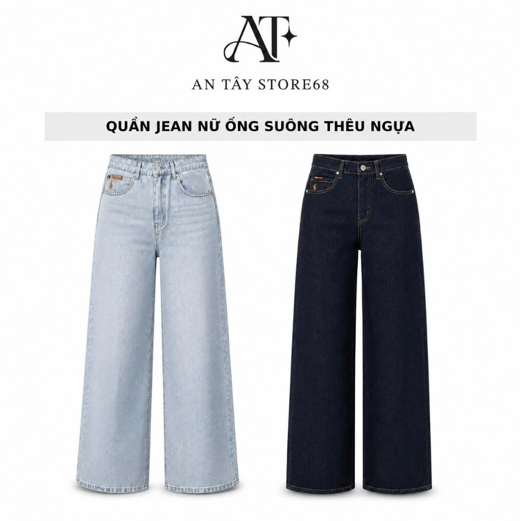 Quần Jean Nữ AN TÂY – Ống Suông Thêu Ngựa, Jean Mềm QC, Dài 96/102cm #8682-8690 Màu Xanh Than/Xanh Nhạt