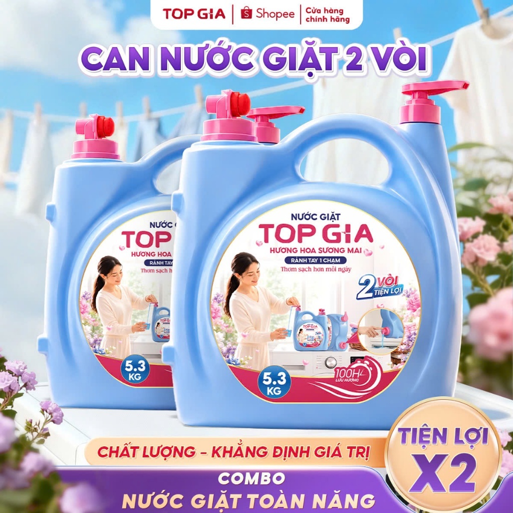Nước Giặt Đậm Đặc Hương Hoa Sương Mai, Phấn Tinh Khôi Can 2 Đầu Vòi Tiện Lợi Lưu Hương 100H