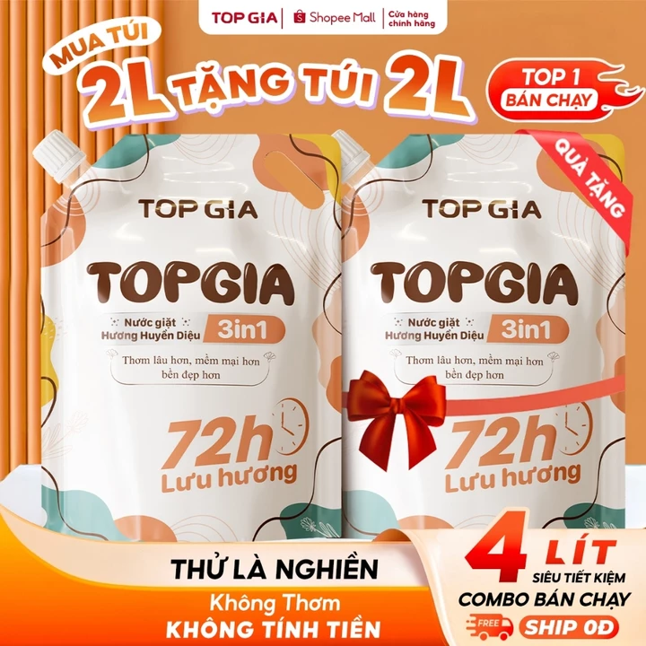 Nước Giặt TopGia 3in1 Hương Huyền Diệu Dịu Nhẹ Làm Sạch Vết Bẩn, Lưu Hương 72h, Túi 2L