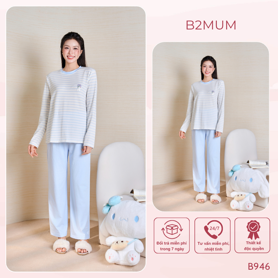 Bộ Đồ Bầu Cotton Kẻ Xanh Trắng Dài Tay Thêu Họa Tiết, Chun Cúc Điều Chỉnh Quần, Mềm Mại Co Giãn Kasei Set B946 By B2MUM