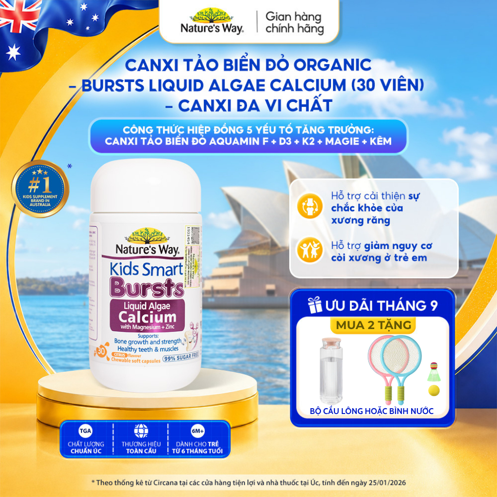 Viên Nhai Canxi Nature's Way Canxi Tảo Biển Đỏ Organic, Canxi đa vi chất Aquamin F Kết hợp D3K2, Magie, Kẽm Cho Bé 30v