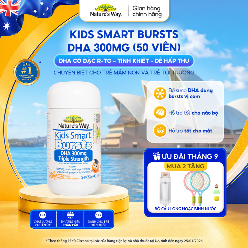 DHA 300mg Nature's Way Kids Smart Triple Strength Bổ Sung DHA Hàm Lượng Cao, Omega 3 RTG Cô Đặc Cho Bé 50 Viên