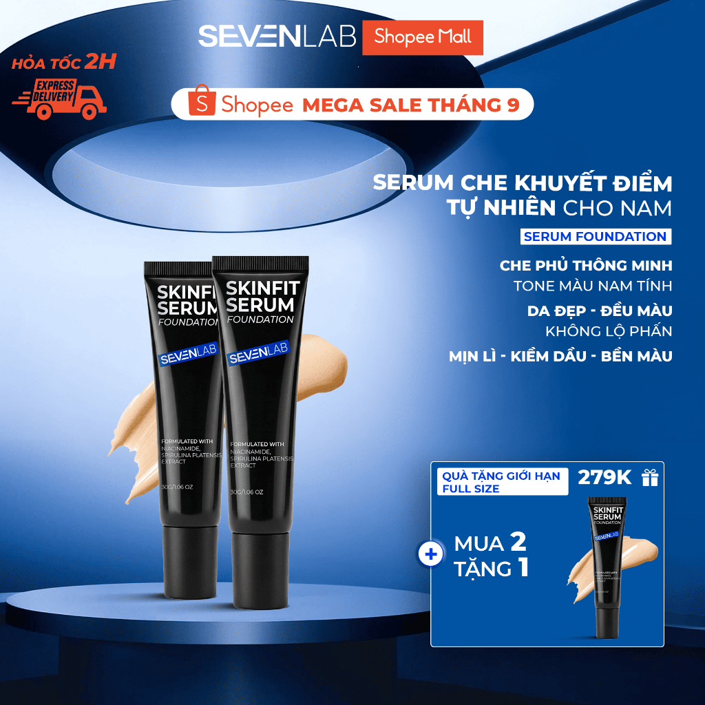 Kem nền nam SEVENLAB dạng serum giúp nâng tone tự nhiên, che khuyết điểm, kiềm dầu mỏng nhẹ 30g