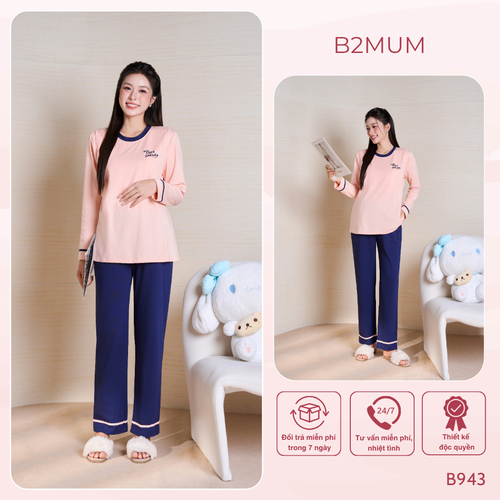 Bộ Đồ Bầu Cotton Hồng Dài Tay Phối Than, Có Vạch Cho Bé Tu Ti & Chun Cúc Điều Chỉnh Quần Mila Set B943 By B2MUM