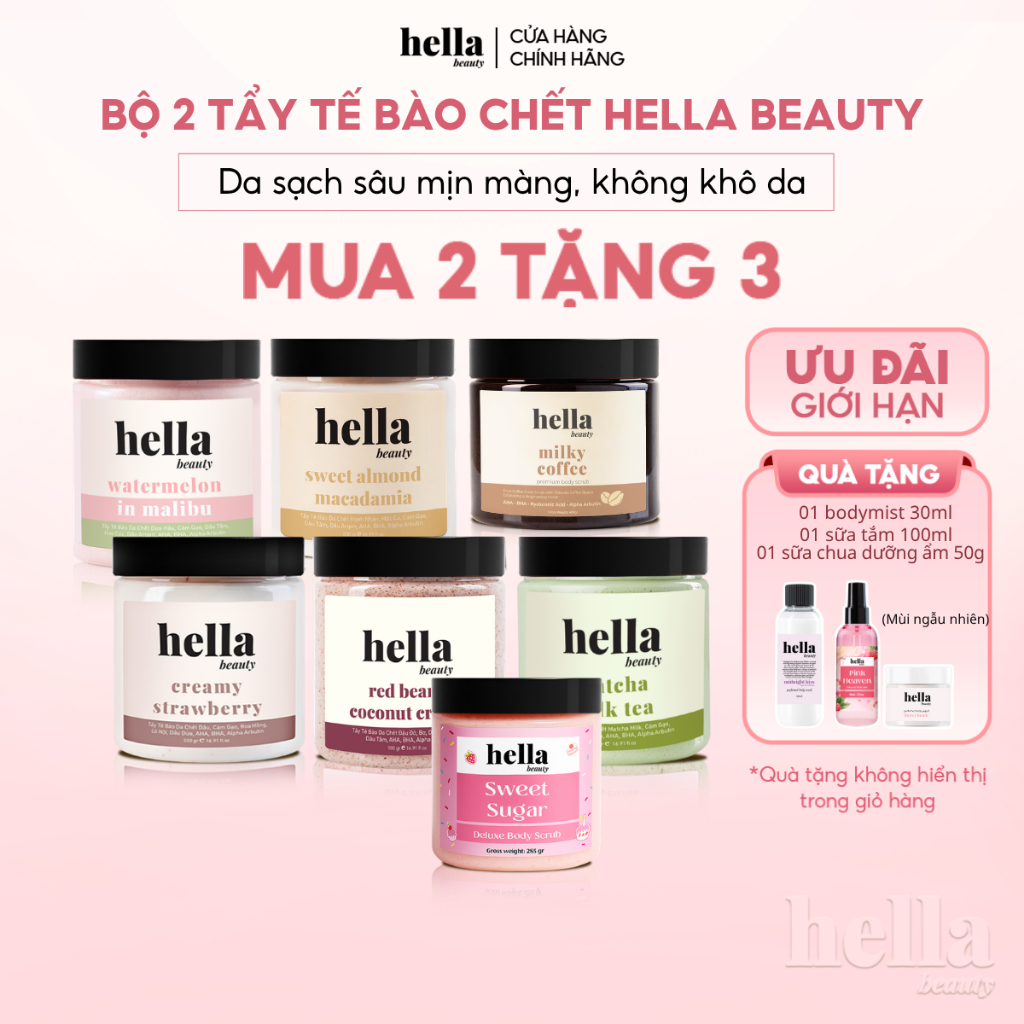 Bộ 2 tẩy tế bào chết body Hella Beauty giúp làm sạch sâu hỗ trợ dưỡng sáng da