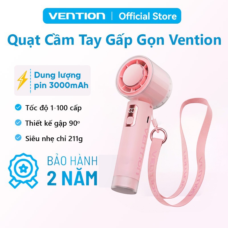 Quạt Cầm Tay Vention 100 Cấp Độ Gió, Gập 90°, Pin 3000mAh 8H, LED Hiển Thị, Motor 13000RPM, Mini Dây Đeo Cổ