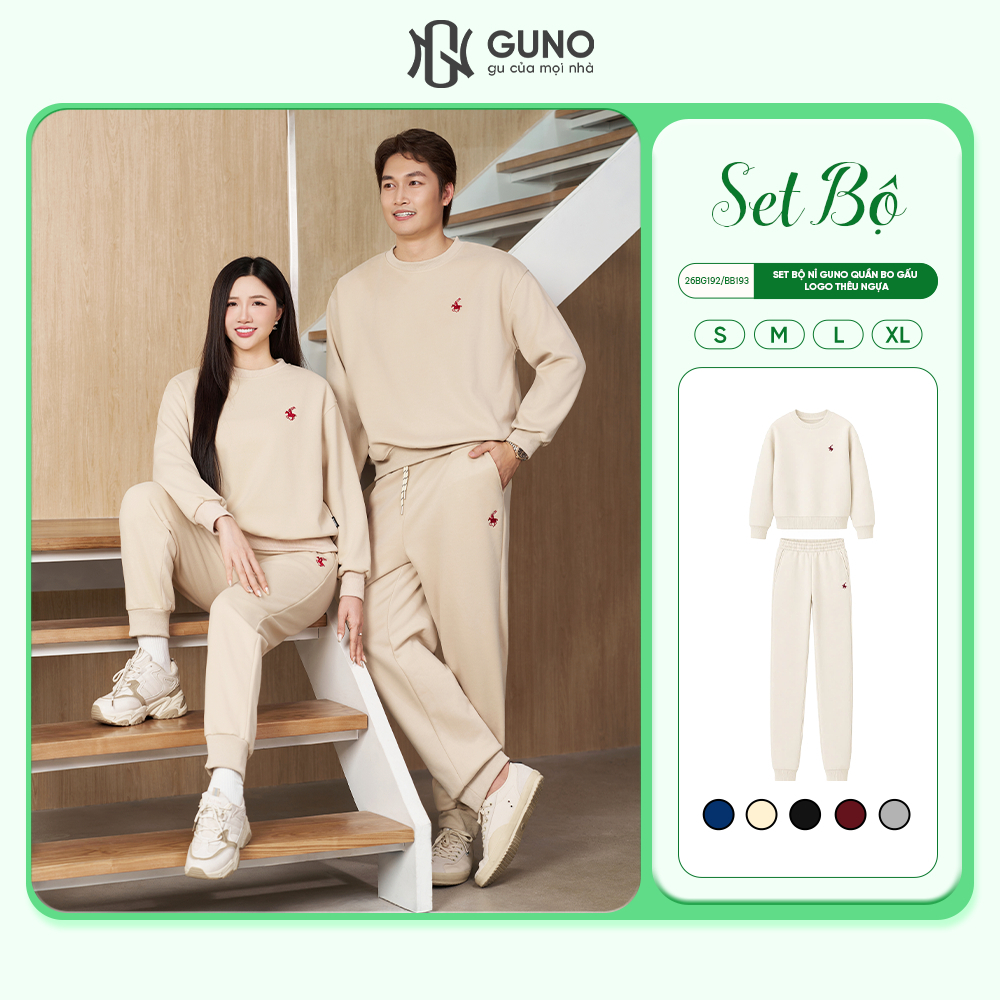 Bộ quần áo nỉ nam nữ GUNO cao cấp cổ tròn thêu ngựa phối quần bo gấu thời trang 26BG192/BB193
