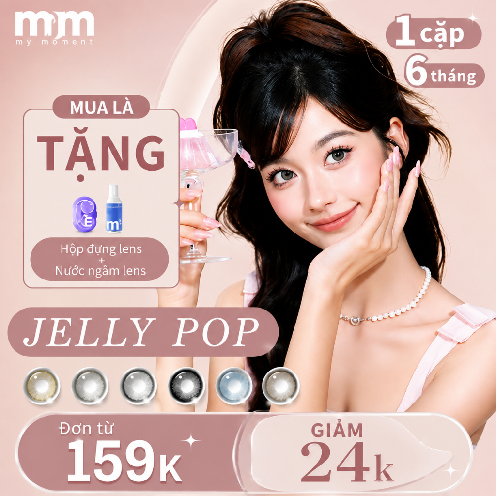 【1 CẶP DÒNG 6 THÁNG】MM Jelly Pop xám, đen, nâu, xanh dương, xanh lá DIA14.2-14.5mm kiểu tự nhiên, phù hợp trang điểm