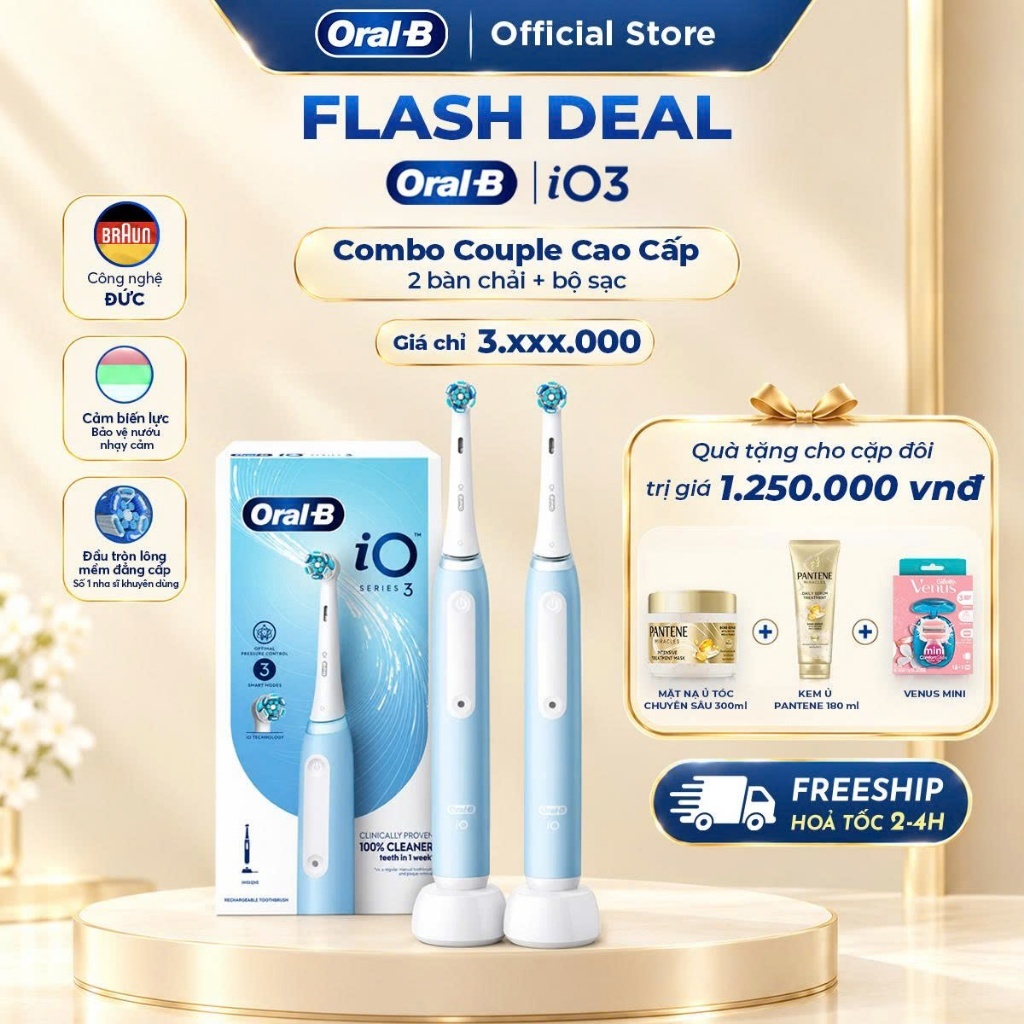 Combo Couple 2 Bàn Chải Điện Oral B Chính Hãng IO3 Cao Cấp Và 2 Đầu Thay Thế, Công Nghệ Chuyển Động 360 Độ - Sạch Sâu