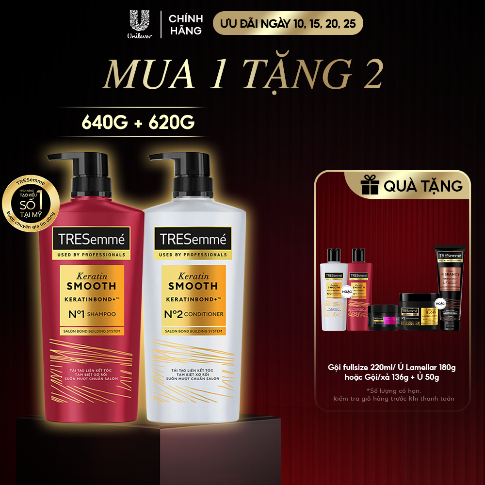 [Diện mạo mới] Combo Dầu Gội, Dầu Xả TRESemmé Keratin Smooth Keratinbond+ Cho Tóc Khô Xơ Rối Vào Nếp Suôn Mượt 640g,620g