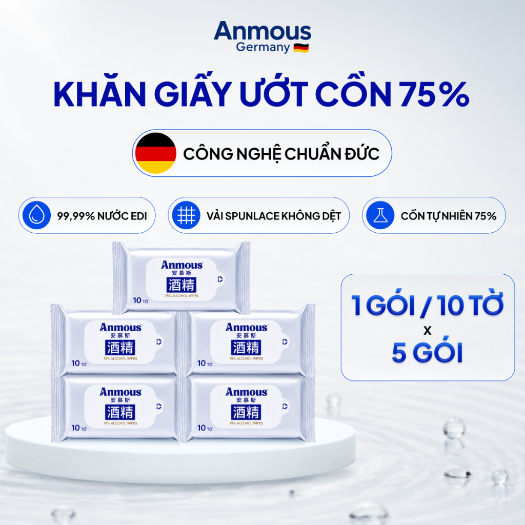 [Combo 5 gói] Khăn ướt cồn 75% Anmous 10 tờ công nghệ chuẩn Đức giúp làm sạch nhanh, kháng khuẩn