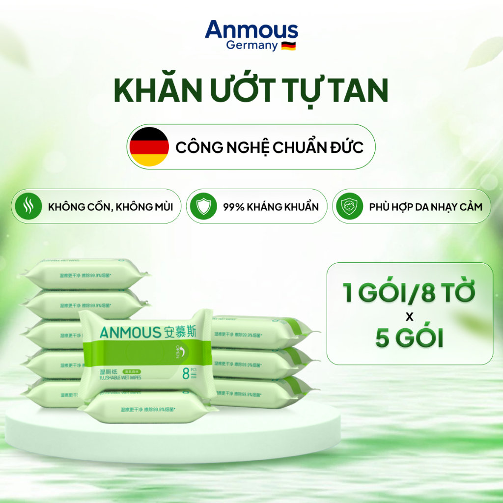 [Combo 5 gói] Khăn giấy ướt tự tan Anmous 8 tờ kháng khuẩn, an toàn cho vùng kín và da nhạy cảm