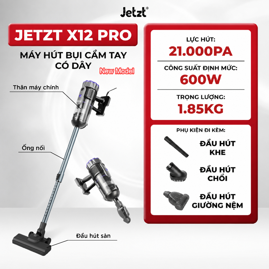 Máy hút bụi cầm tay đa năng có dây JETZT X12 lực hút 21000PA--New Model