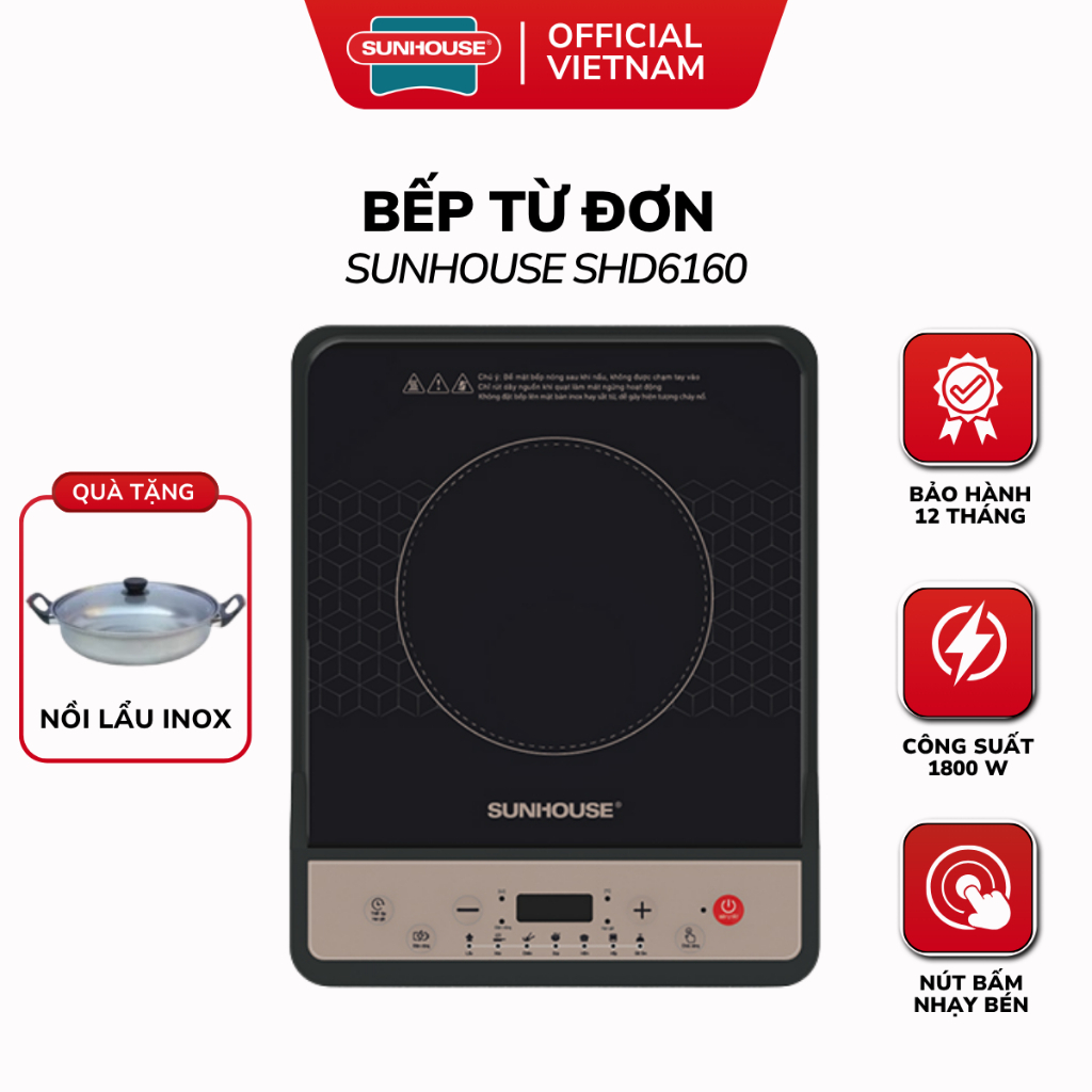 Bếp Điện Từ Đơn SUNHOUSE SHD6160 - 1800W, Nấu Nhanh, Tiết Kiệm Năng Lượng, Bảo Hành 12 Tháng