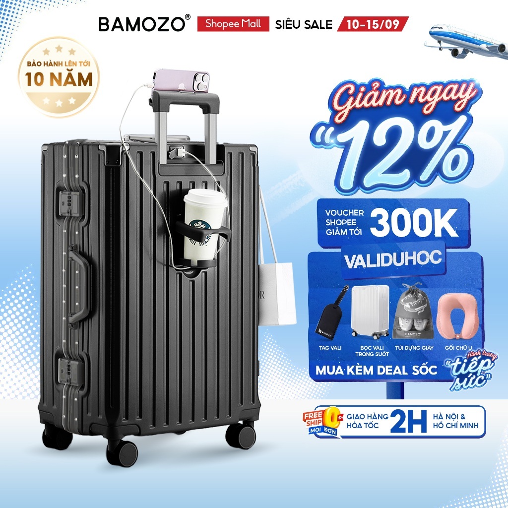 Vali Bamozo Khung Nhôm 9066 Size 20/24/28 Cao Cấp Bo 4 Góc Kim Loại Chống Va Đập_9066