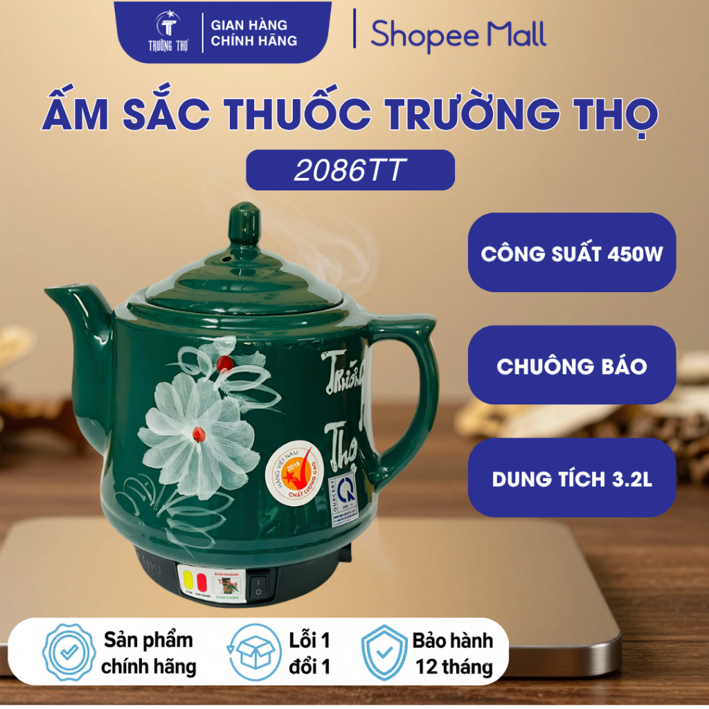 Ấm sắc thuốc Trường Thọ BA-2086 vòi dài 3.2L - Gốm Bát Tràng Cao Cấp Bảo Hành 12 Tháng