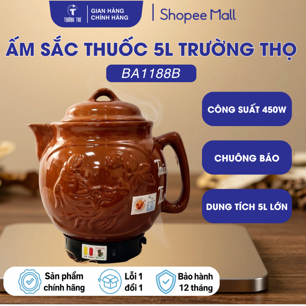 Ấm sắc thuốc Tự Động Trường Thọ 5L BA-1188B Gốm Bát Tràng Cao Cấp Bảo Hành 12 Tháng