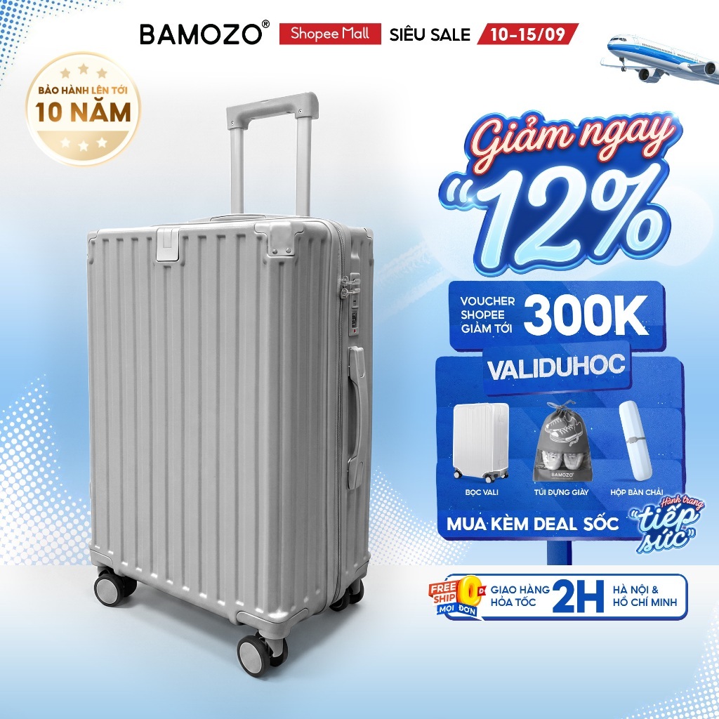 Vali Du Lịch Bamozo 9066 Lite Size 20/24/28 Thời Trang, Nhựa PC Nguyên Khối Khóa Số Bảo Mật Bịt 4 Góc Chống Va Đập_9066L