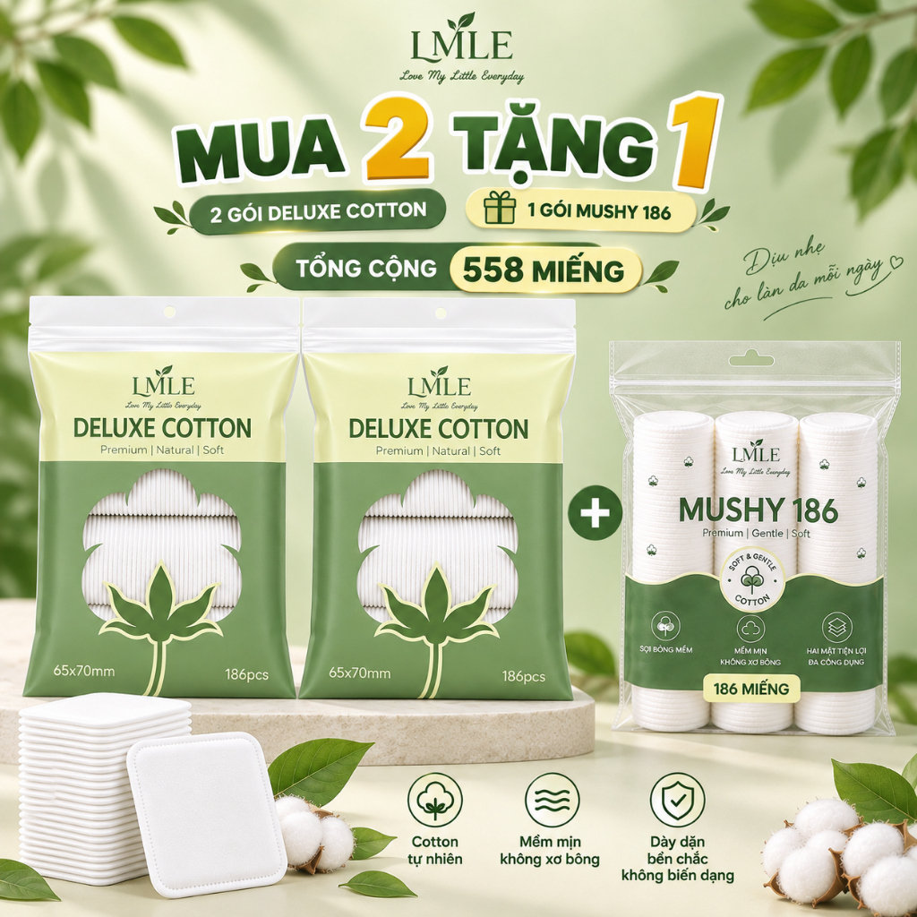 [Mua 2 Tặng 1] Bông tẩy trang DELUXE COTTON 558 miếng Big Size 65x70 mềm mịn hai mặt không sơ bông