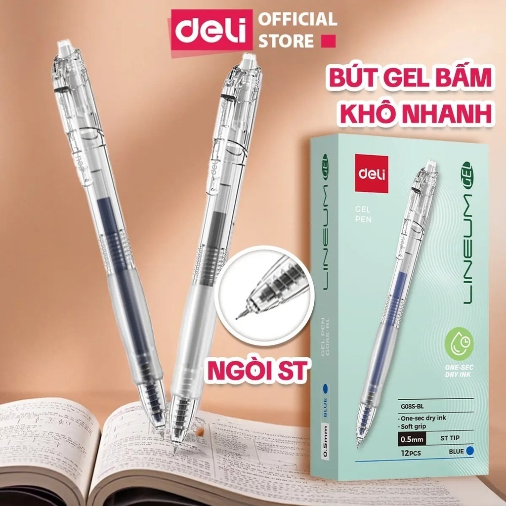 [SVIP] Combo 5/10/20 Bút Gel Bấm Deli EG08S 0.5mm - Bút Bi Nước Nhanh Khô Mực Êm Trơn Ngòi 2 Màu Mực Xanh Đen