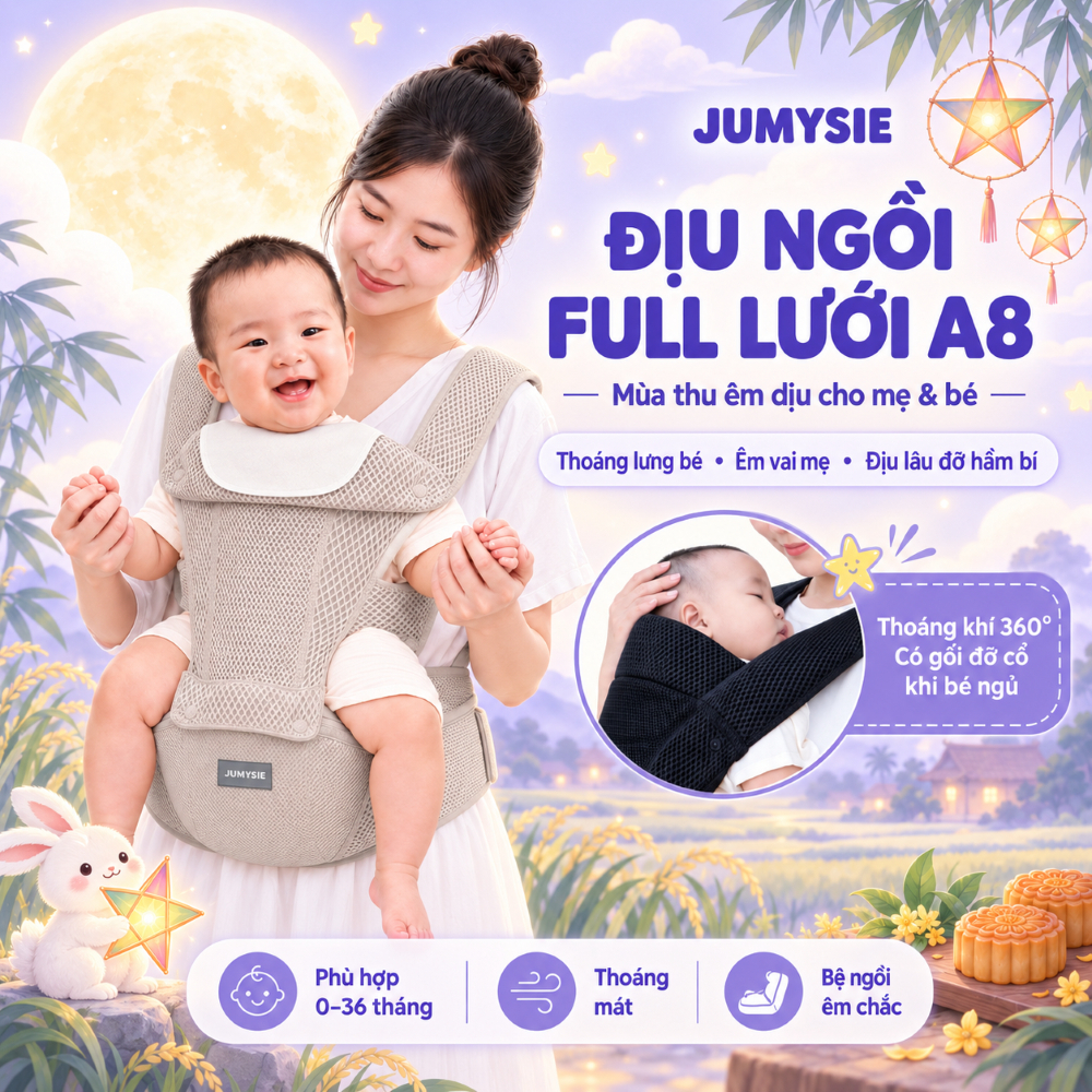 Địu Ngồi Em Bé Jumysie A8 Full Lưới 3D Air Mesh 360°, Bệ Ngồi EPP, Đai Hông Trợ Lực
